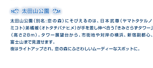 太田山公園　太田山公園（別名:恋の森）にそびえるのは、日本武尊（ヤマトタケルノ ミコト）弟橘媛（オトタチバナヒメ）が手を差し伸べ合う「きみさらずタワー」（高さ28m）。タワー展望台から、市街地や対岸の横浜、新宿副都心、富士山まで見渡せます。夜はライトアップされ、恋の森にふさわしいムーディーなスポットに。