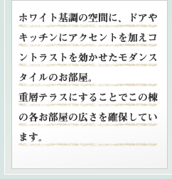ホワイト基調の空間に、ドアやキッチンにアクセントを加えコントラストを効かせたモダンスタイルのお部屋。重層テラスにすることでこの棟の各お部屋の広さを確保しています。